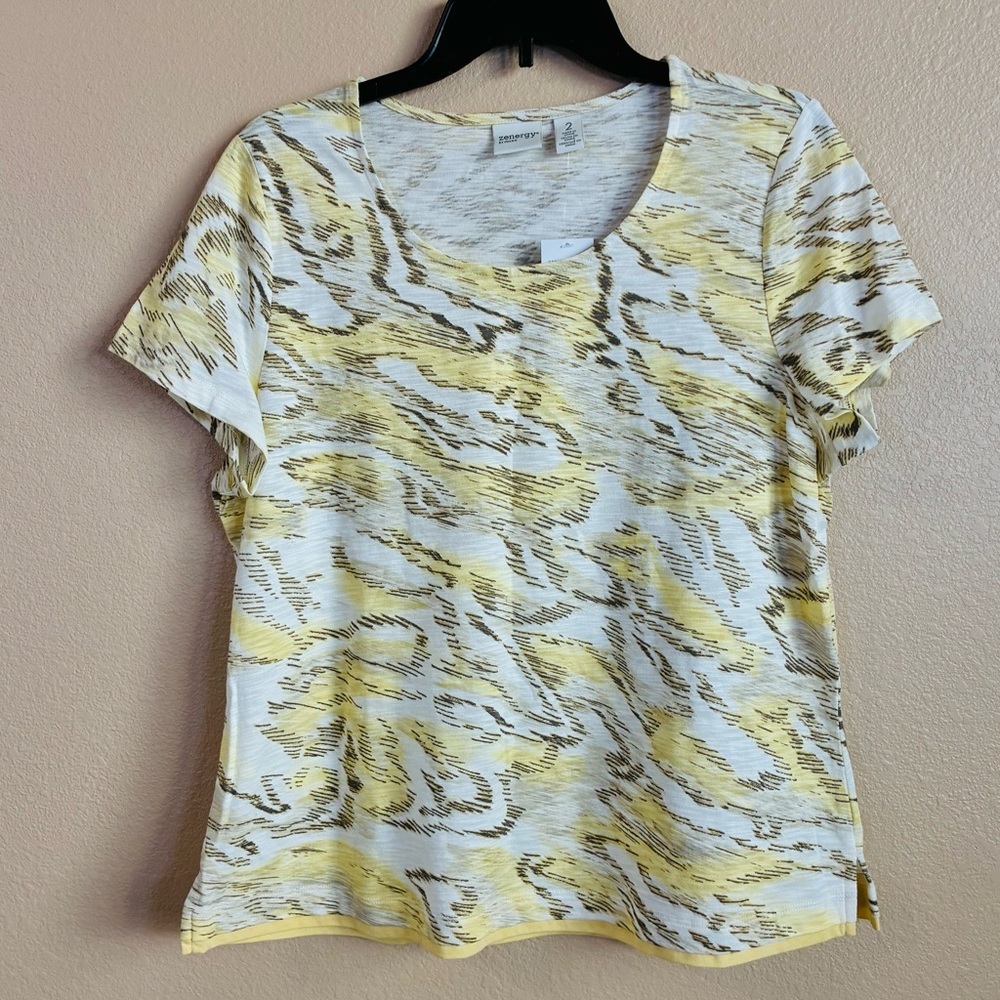 Chicos Zenergy New Size 2 US Large Robyn Short Sleeve Top Cotton Neutral Print